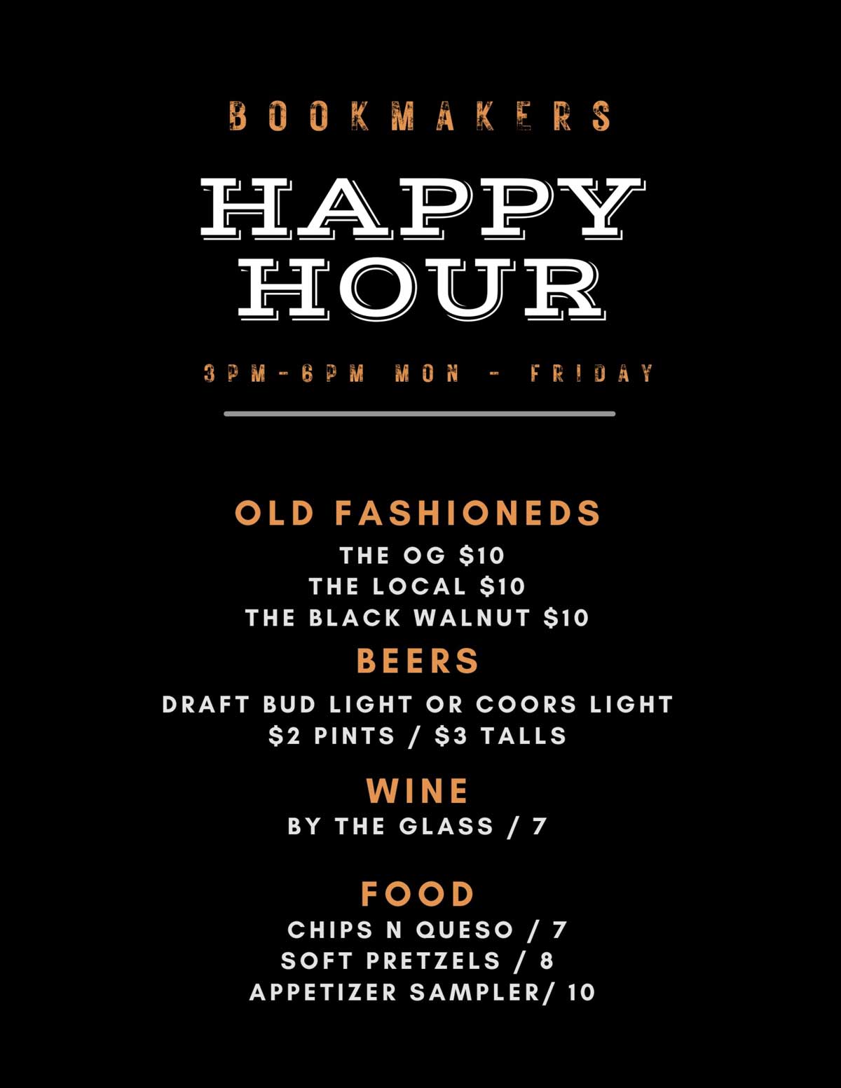 Bookmakers Bar and Grill happy hour specials, old fashioneds, beers and wine.